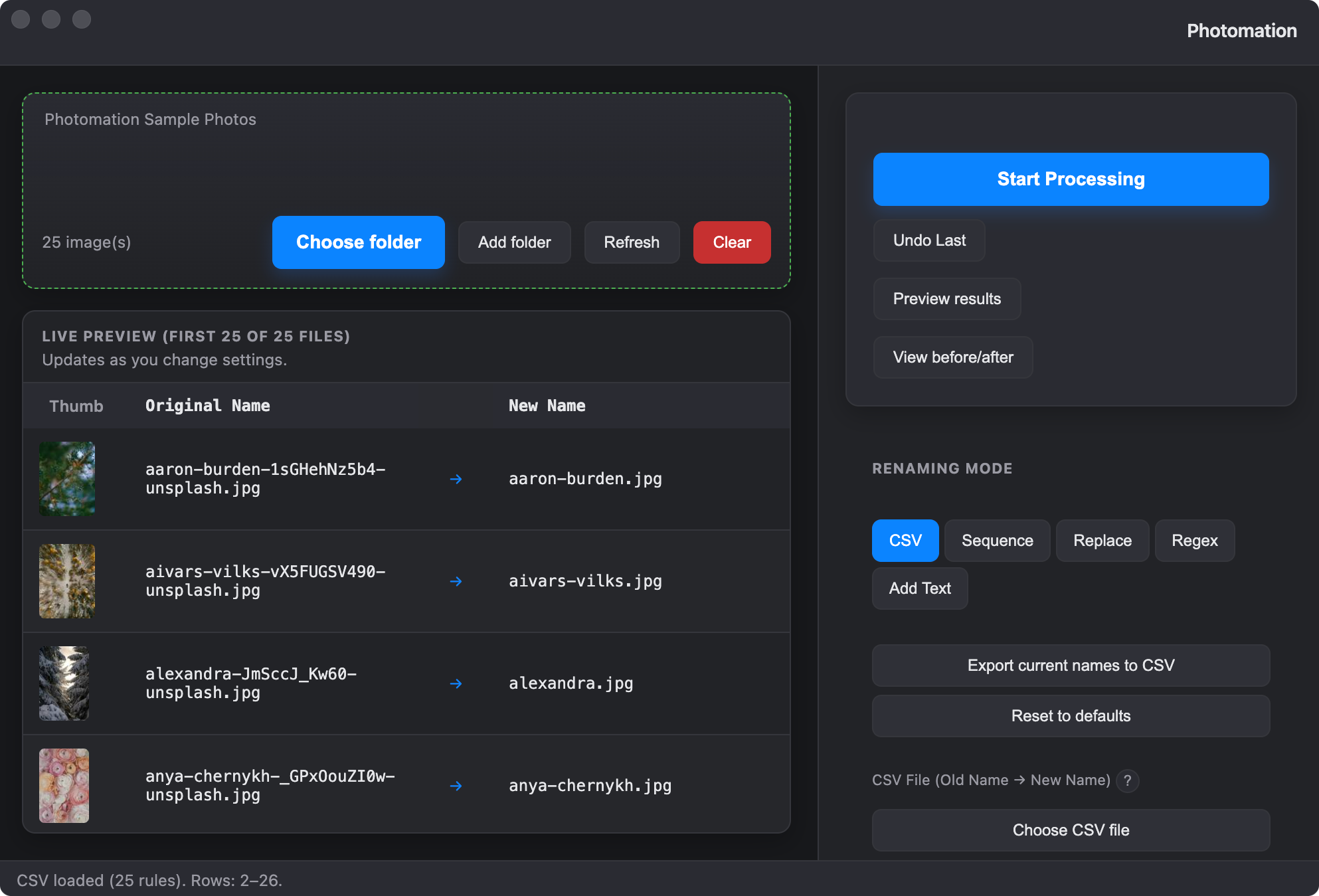 Photomation main window: folder drop zone, live rename preview table, and sidebar with rename mode and settings.